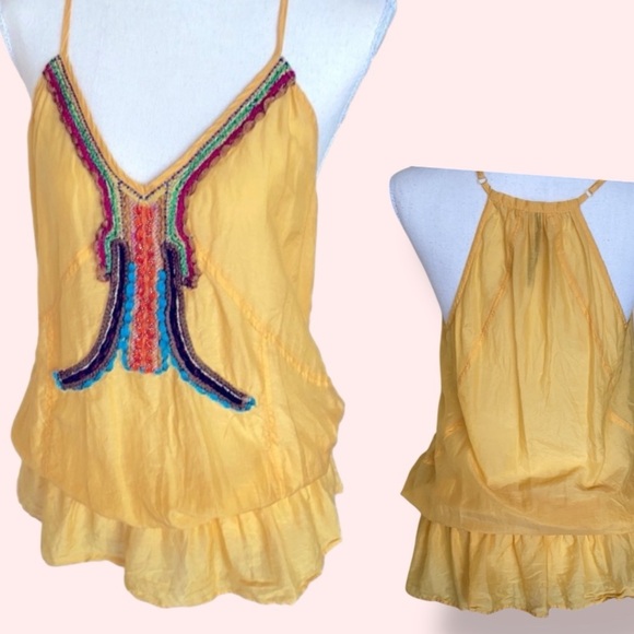 LeShop Butter Yellow Silk Blend Racer Back Cami Tank Top Boho Embroidered Size L - Picture 2 of 12